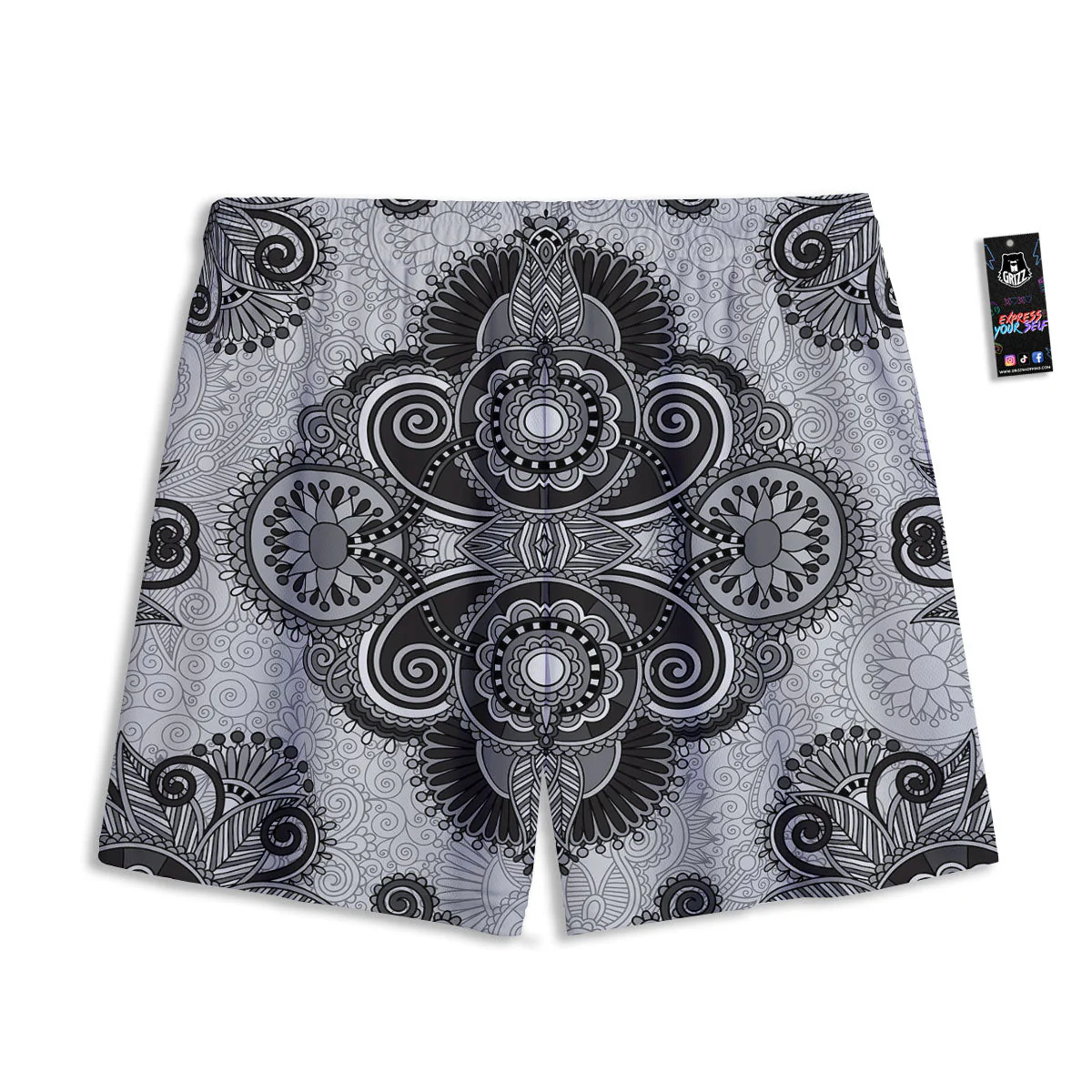 Western Floral Grey And Black Print Mesh Shorts - Image 2