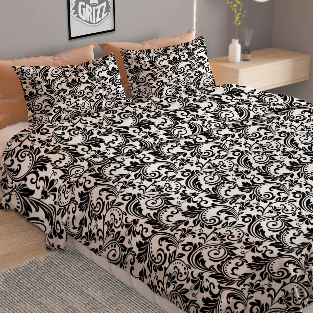 Western Flower White And Black Print Duvet Cover Bedding Set - Image 2