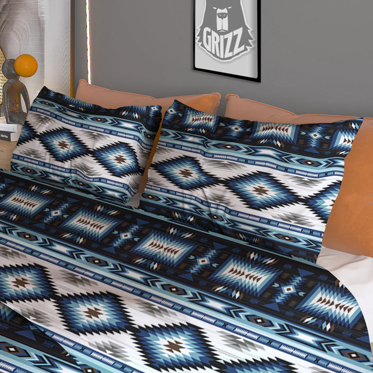 Western Navajo Blue Native Print Duvet Cover Bedding Set - Image 3
