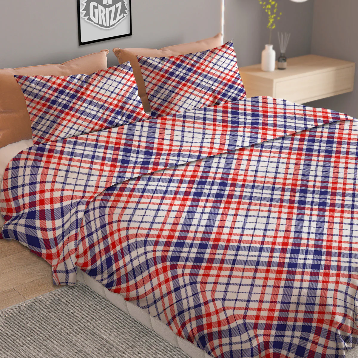 White American Plaid And Blue Red Print Duvet Cover Bedding Set - Image 2