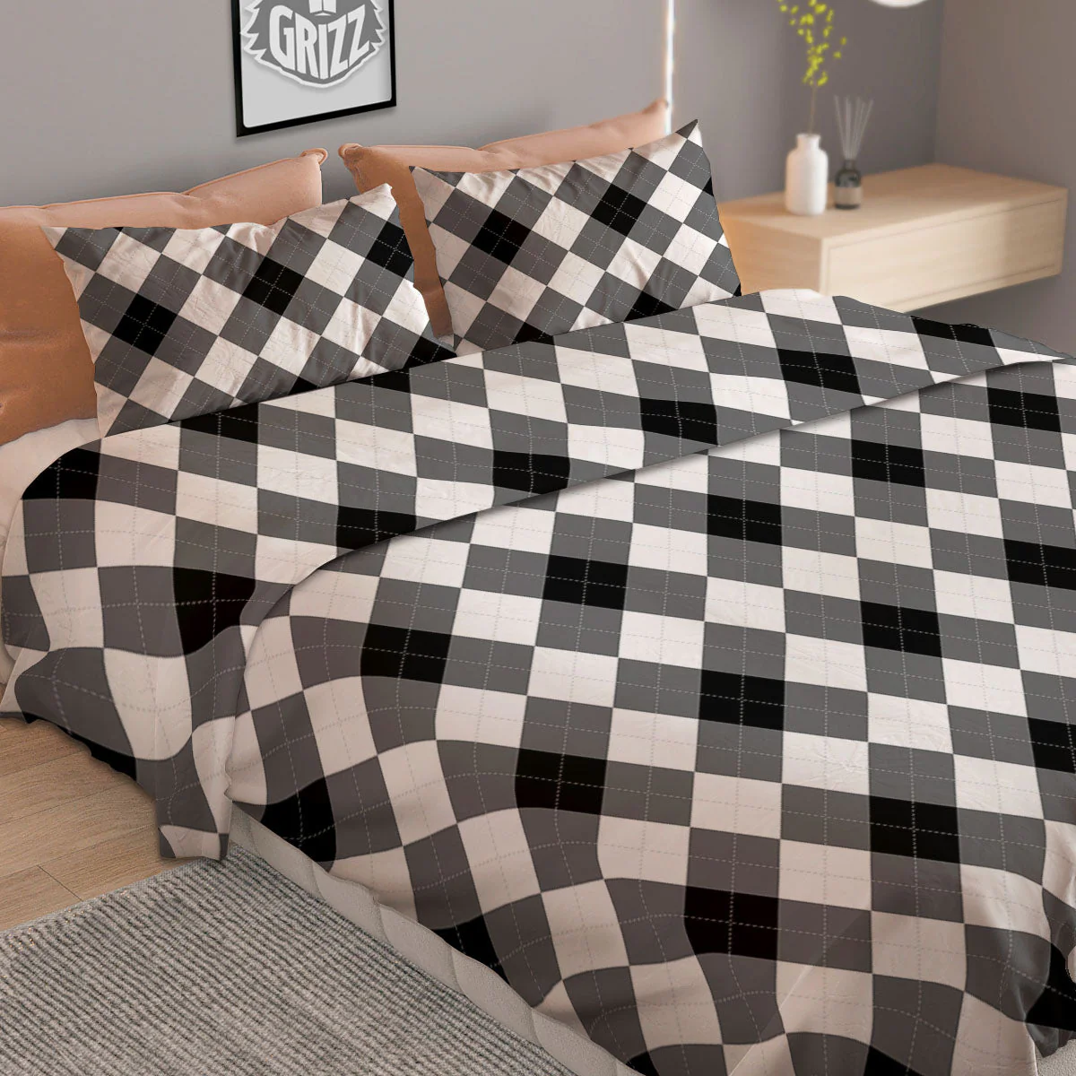 White And Black Argyle Print Pattern Duvet Cover Bedding Set - Image 2