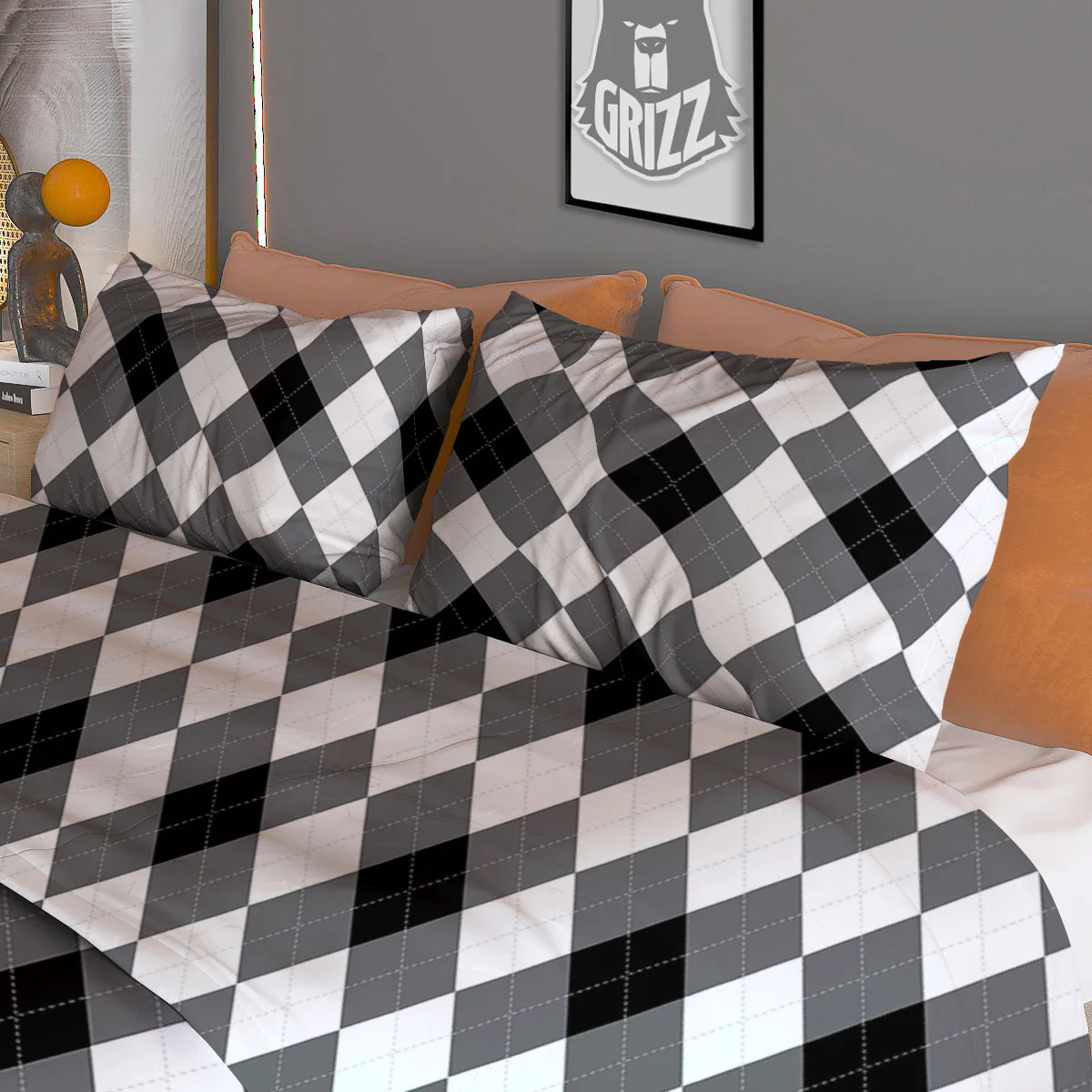 White And Black Argyle Print Pattern Duvet Cover Bedding Set - Image 3