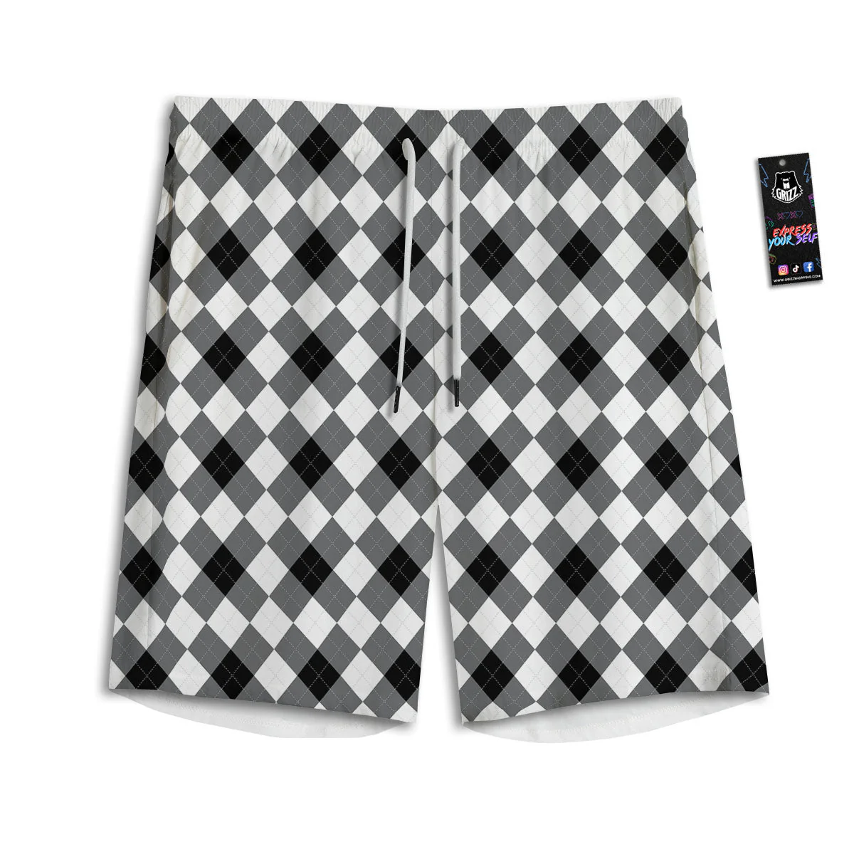 White And Black Argyle Print Pattern Men's Athletic Shorts