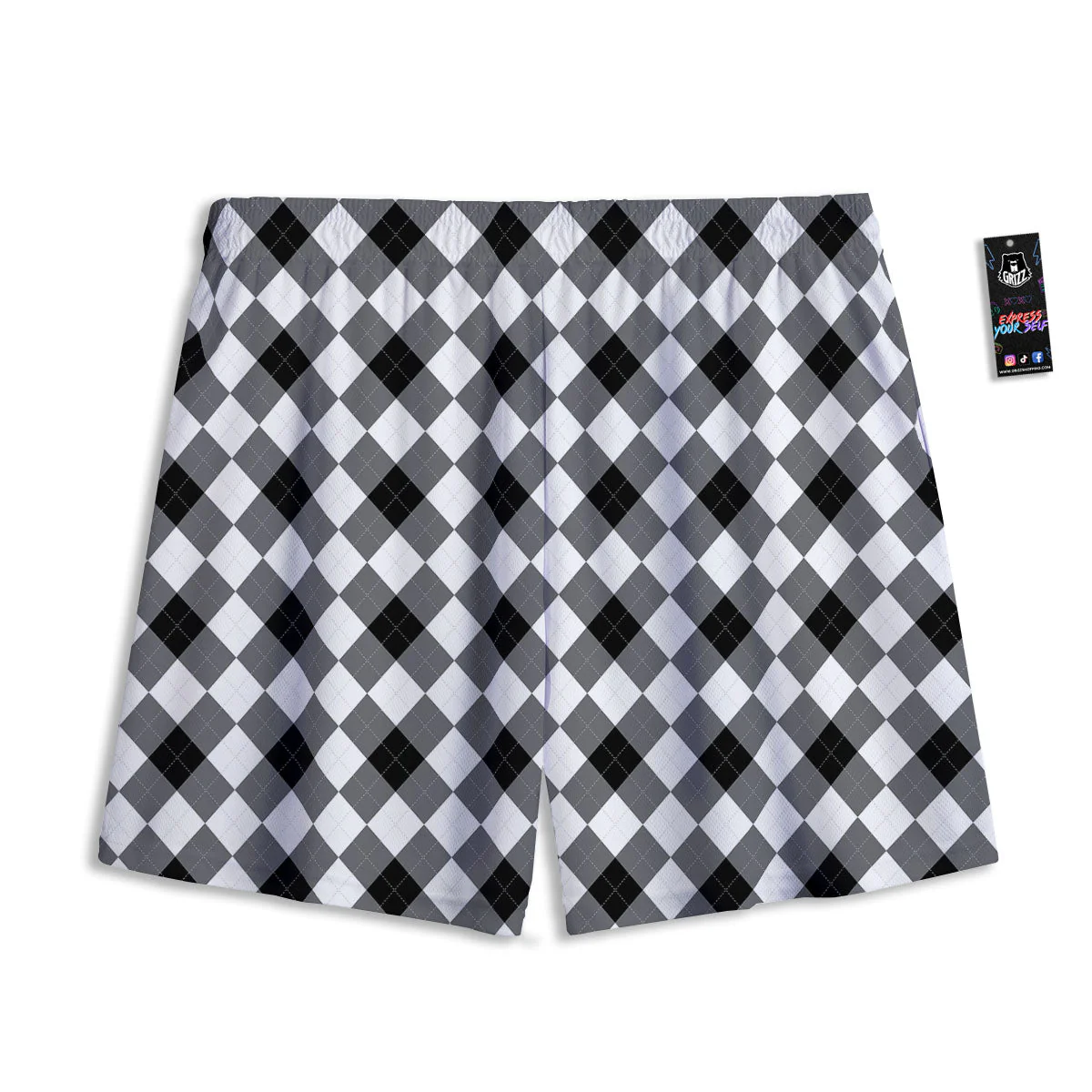White And Black Argyle Print Pattern Mesh Shorts - Image 2