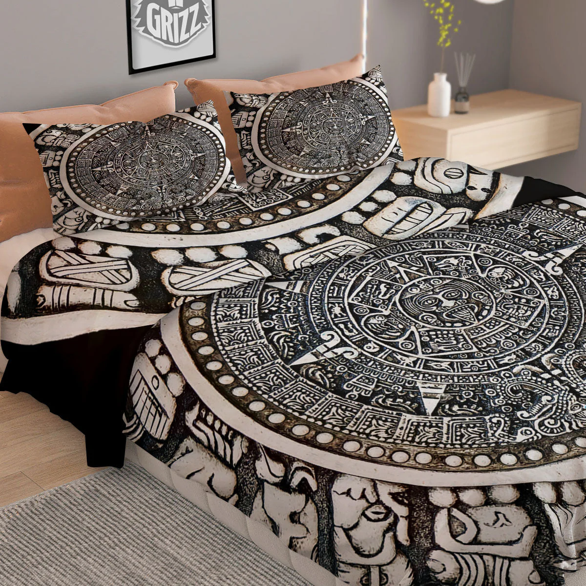White And Black Maya Calendar Print Duvet Cover Bedding Set - Image 2
