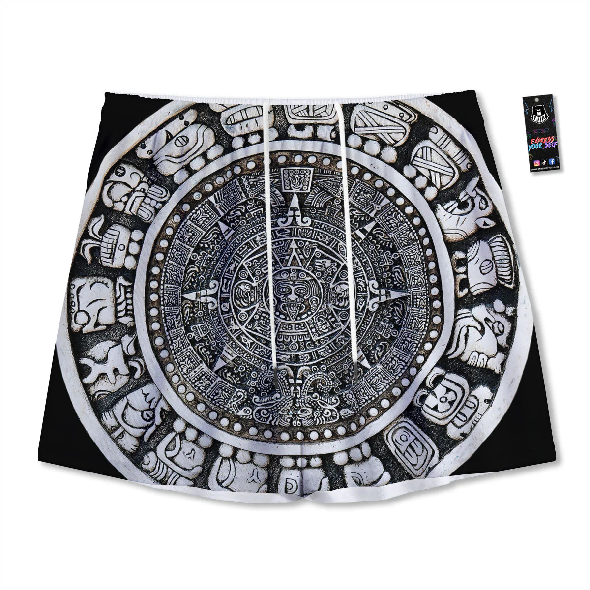 White And Black Maya Calendar Print Mesh Shorts