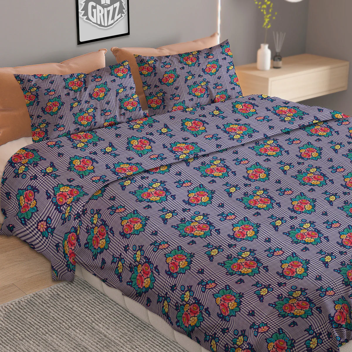 White And Blue Floral Glen Plaid Print Duvet Cover Bedding Set - Image 2