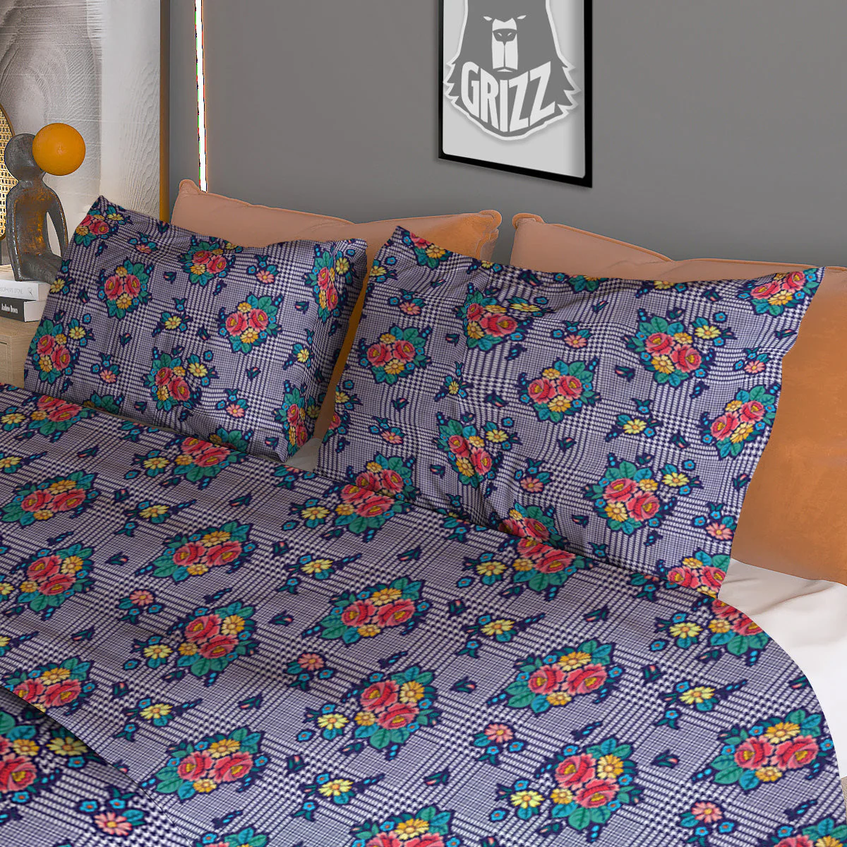 White And Blue Floral Glen Plaid Print Duvet Cover Bedding Set - Image 3