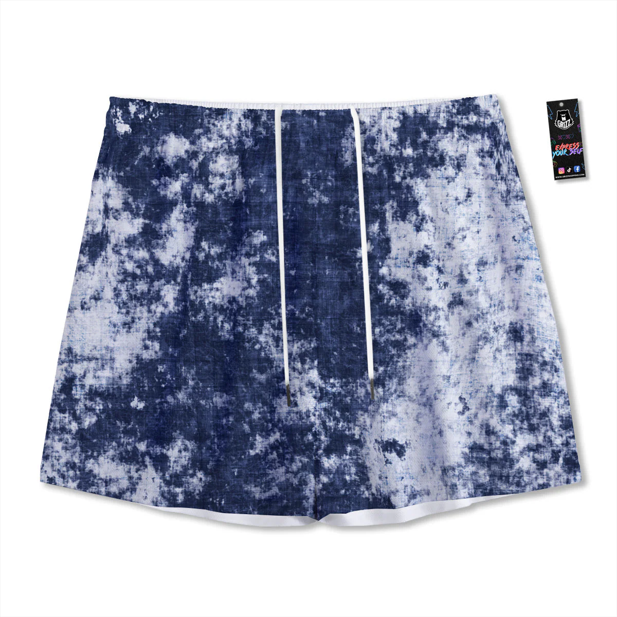 White And Blue Tie Dye Acid Wash Print Mesh Shorts