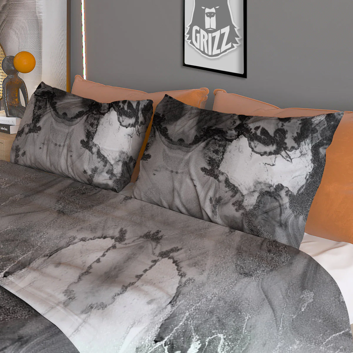 White And Dark Grey Marble Print Pattern Duvet Cover Bedding Set - Image 3