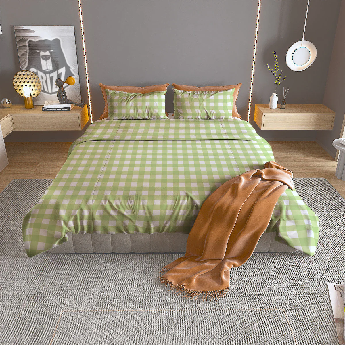 White And Green Check Print Pattern Duvet Cover Bedding Set