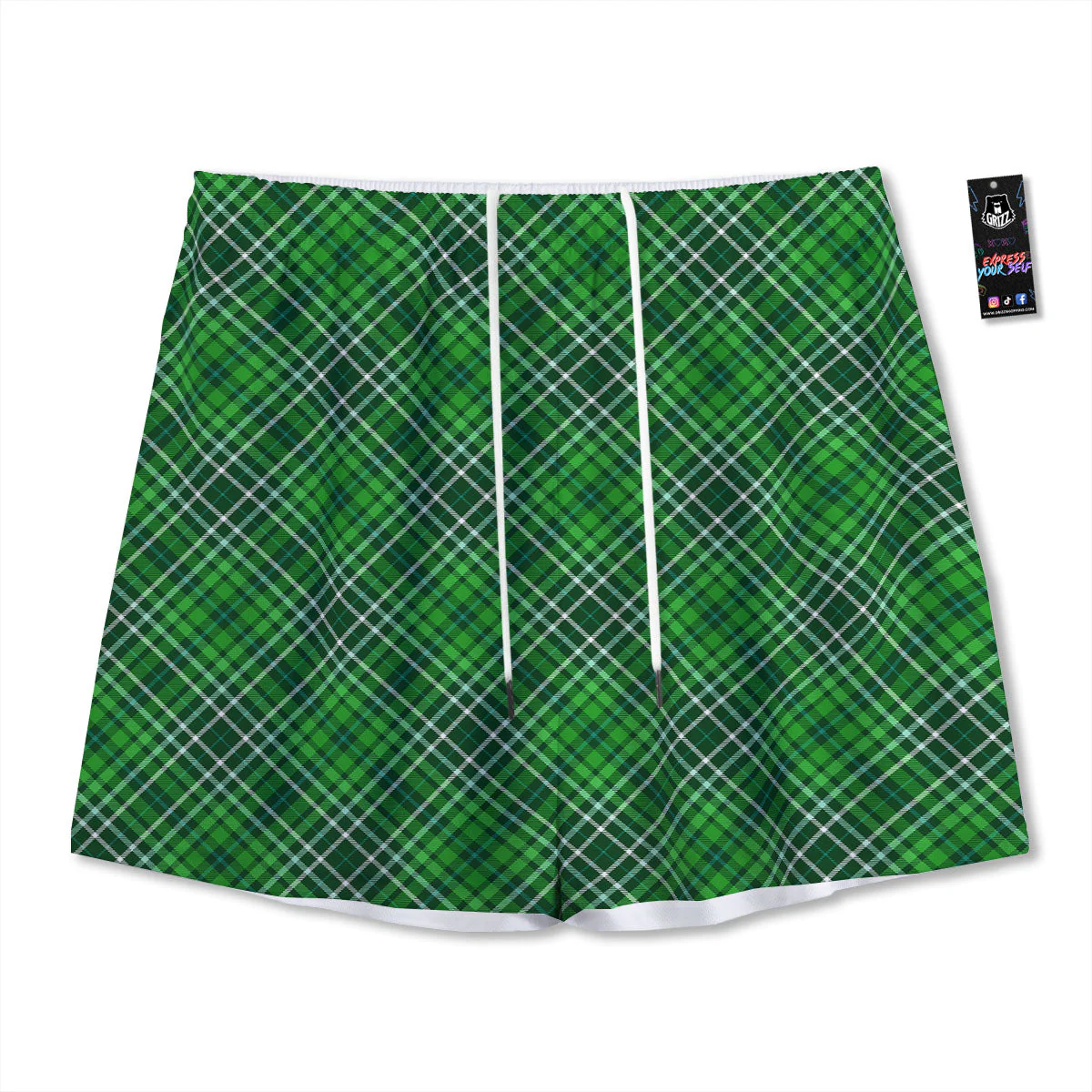 White And Green Plaid Print Pattern Mesh Shorts