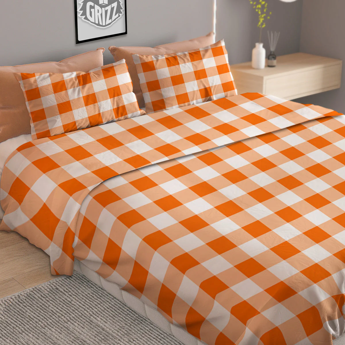 White And Orange Check Print Pattern Duvet Cover Bedding Set - Image 2