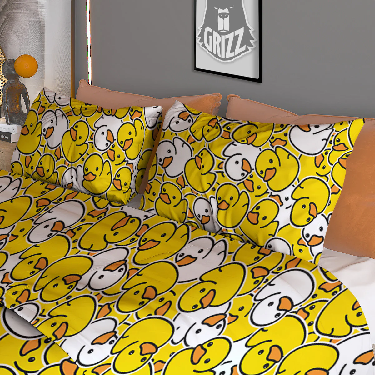 White And Yellow Duck Rubber Print Pattern Duvet Cover Bedding Set - Image 3