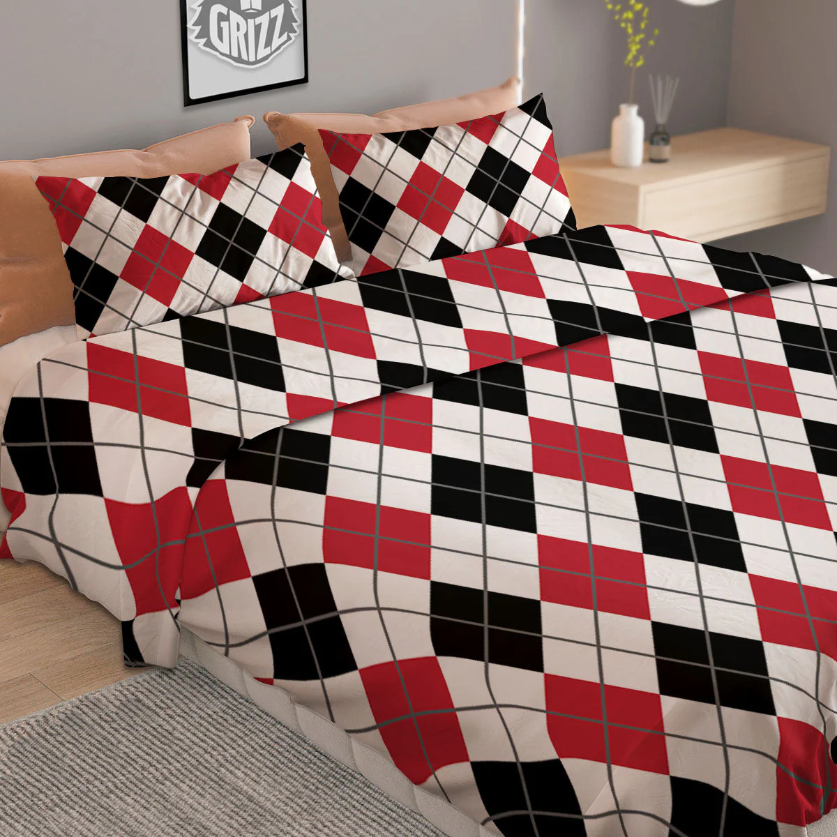 White Argyle And Black Red Print Duvet Cover Bedding Set - Image 2