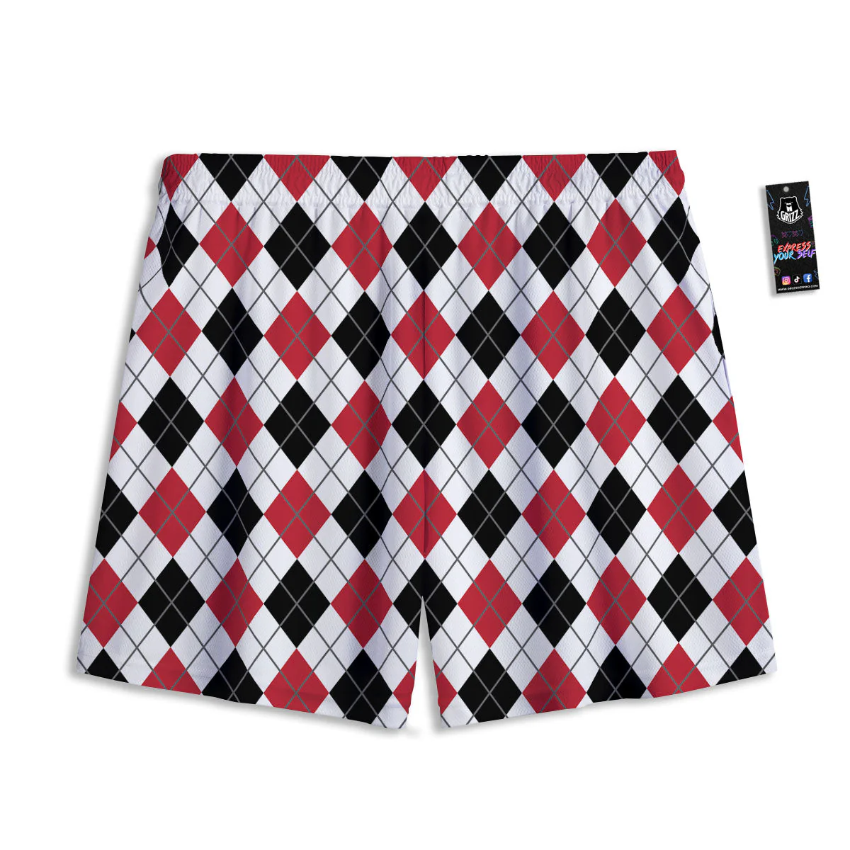 White Argyle And Black Red Print Mesh Shorts - Image 2