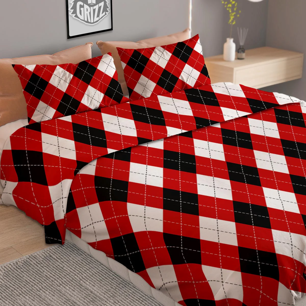 White Argyle And Black Red Print Pattern Duvet Cover Bedding Set - Image 2
