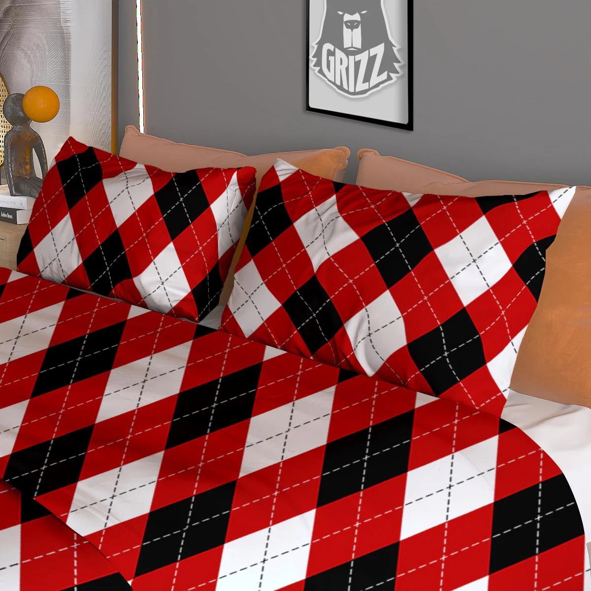 White Argyle And Black Red Print Pattern Duvet Cover Bedding Set - Image 3