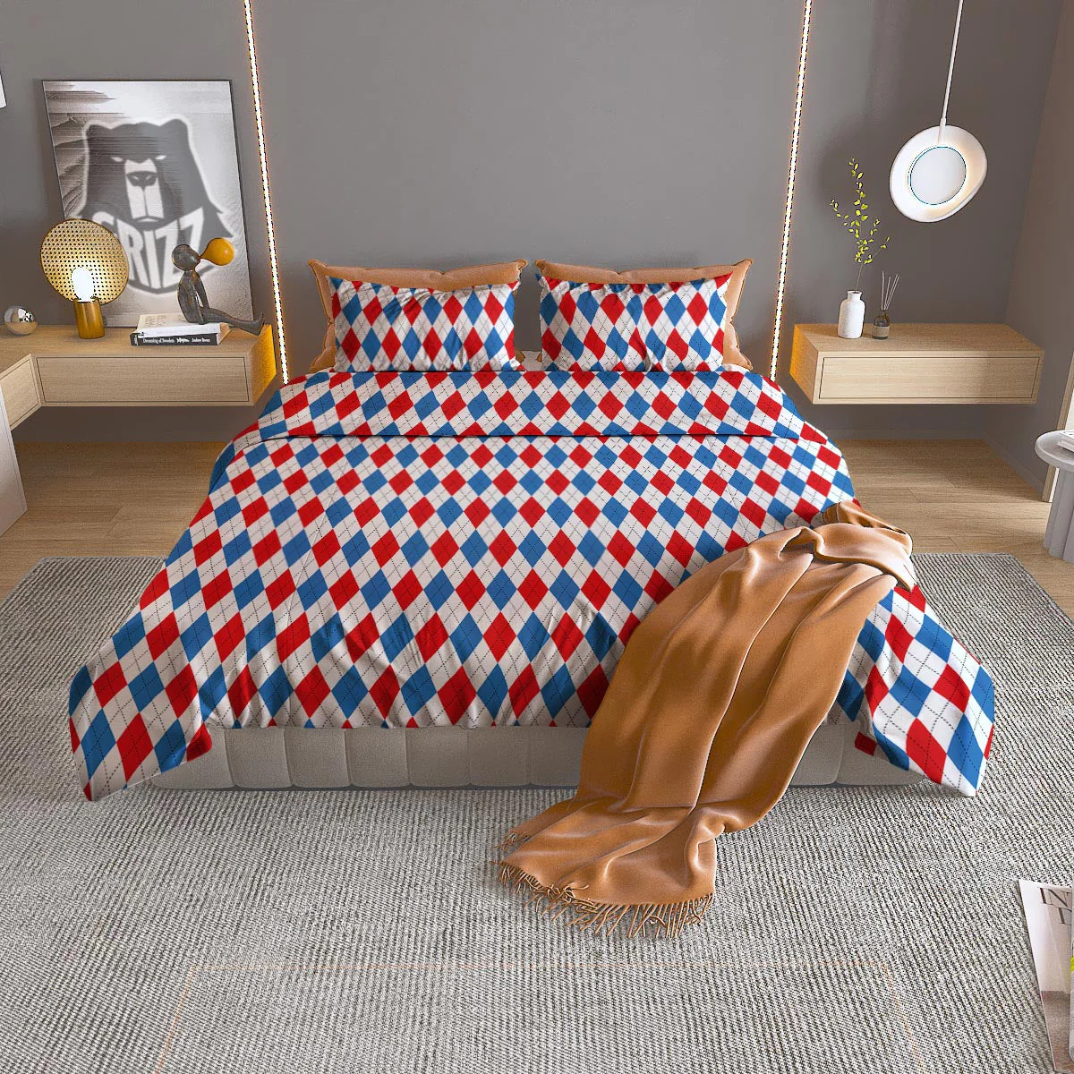White Argyle And Blue Red Print Pattern Duvet Cover Bedding Set