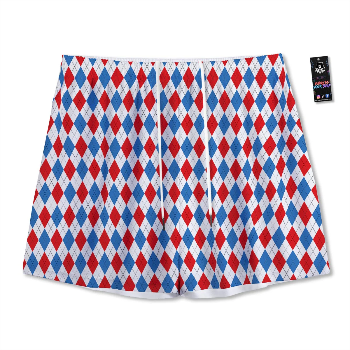 White Argyle And Blue Red Print Pattern Mesh Shorts