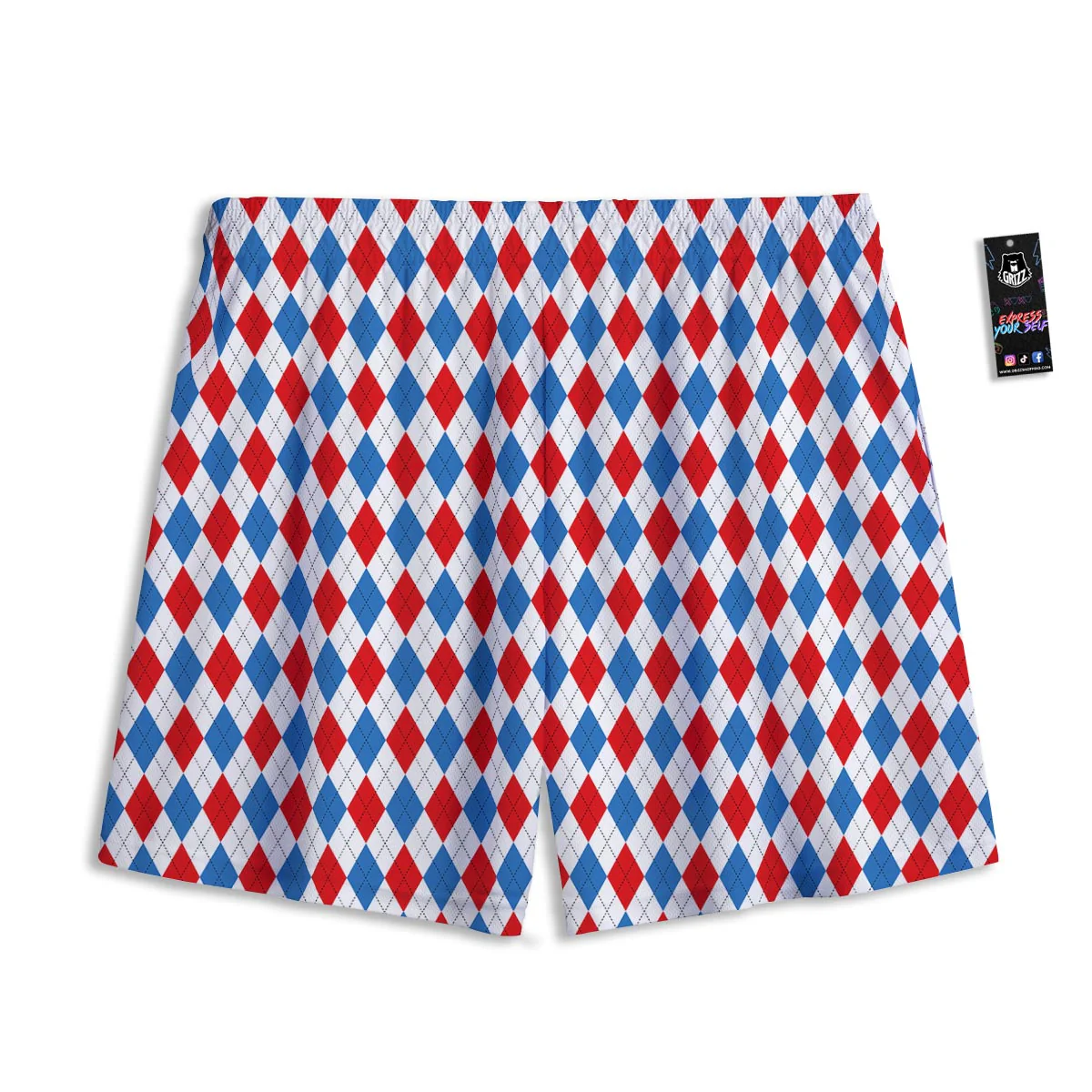 White Argyle And Blue Red Print Pattern Mesh Shorts - Image 2
