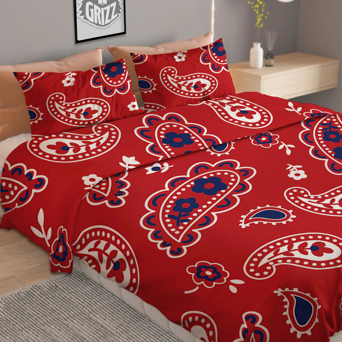 White Bandana And Blue Red Print Duvet Cover Bedding Set - Image 2