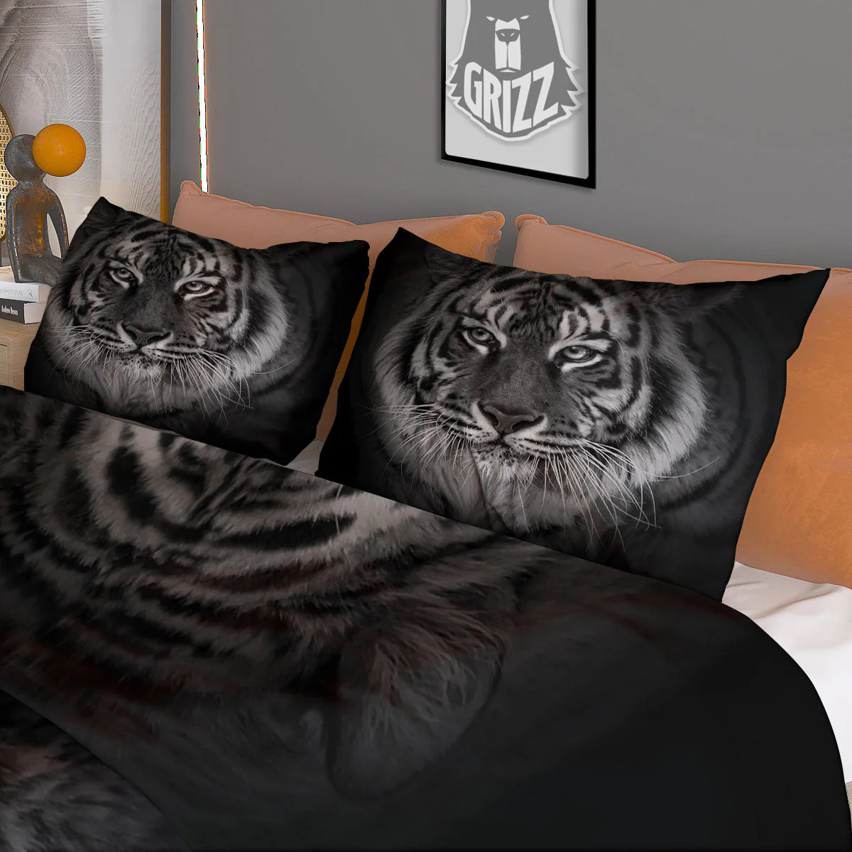 White Bengal Tiger Monochrome Print Duvet Cover Bedding Set - Image 3