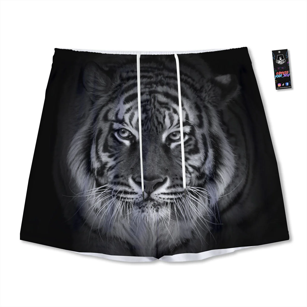 White Bengal Tiger Monochrome Print Mesh Shorts