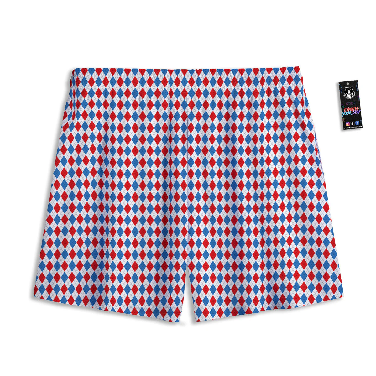 White Blue And Red Argyle Print Pattern Mesh Shorts - Image 2