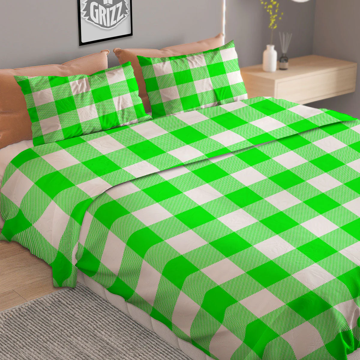 White Buffalo Check And UFO Green Print Pattern Duvet Cover Bedding Set - Image 2