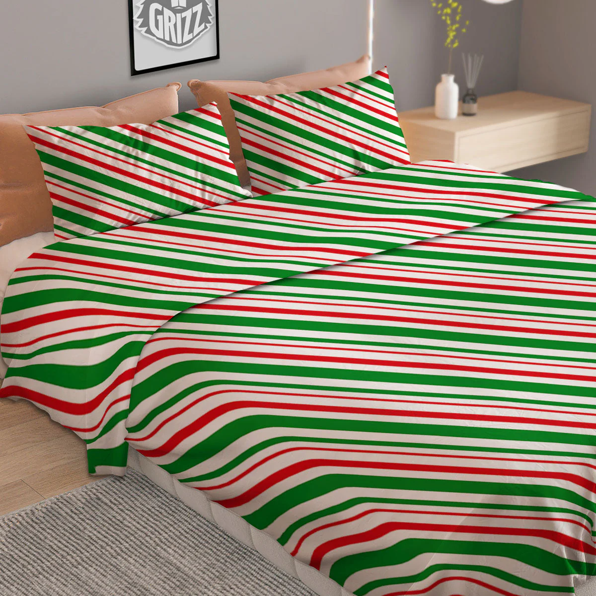 White Candy Cane And Red Green Print Duvet Cover Bedding Set - Image 2