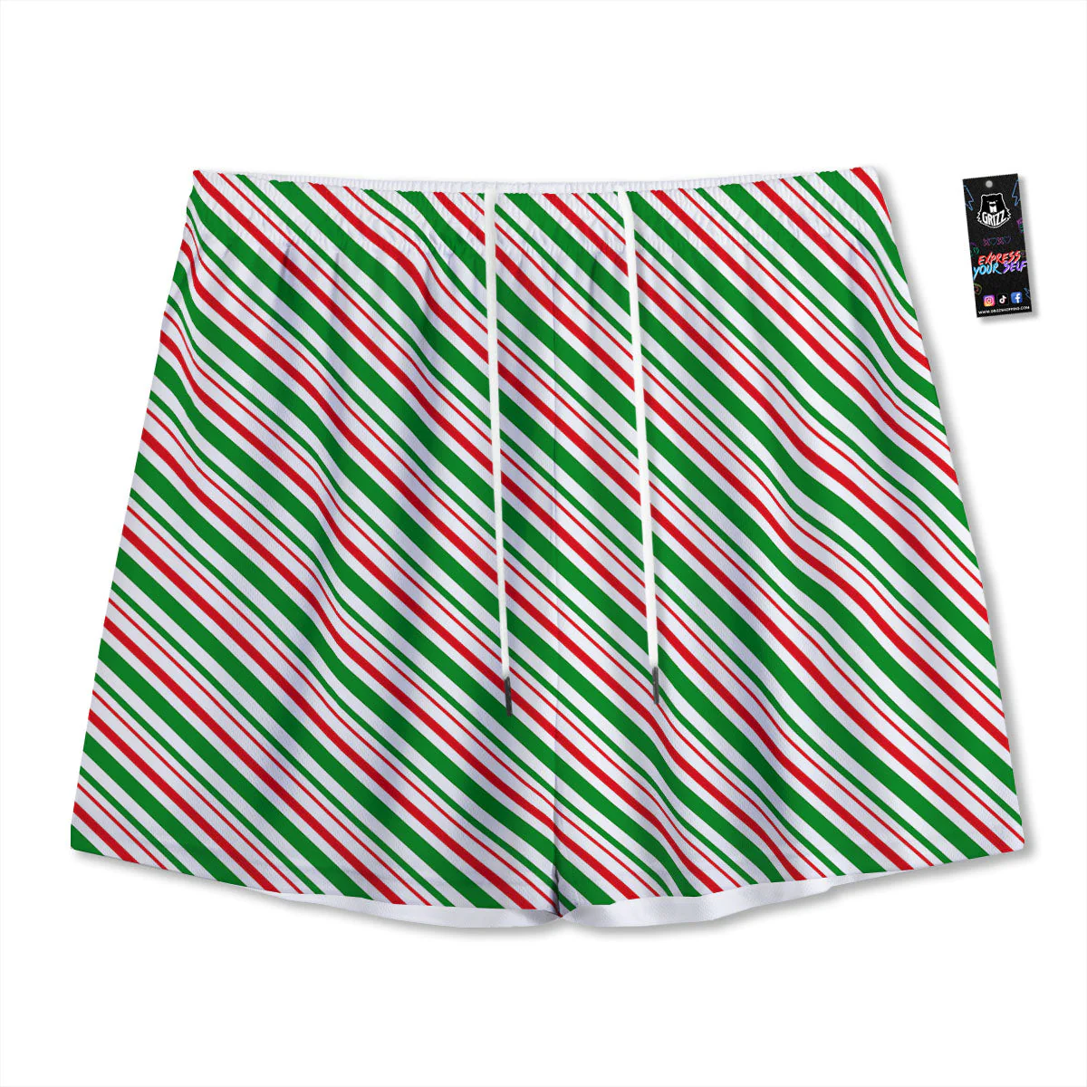 White Candy Cane And Red Green Print Mesh Shorts