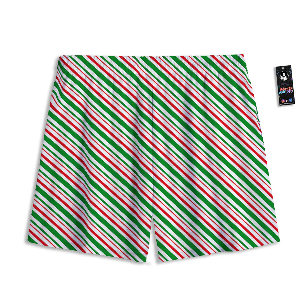 White Candy Cane And Red Green Print Mesh Shorts - Image 2