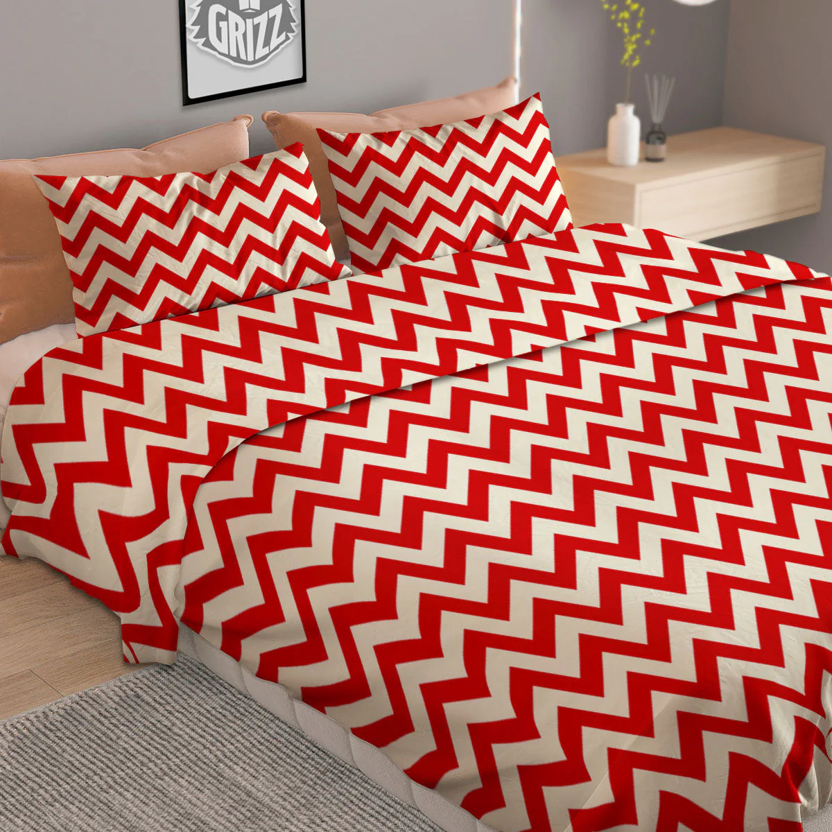 White Chevron And Beige Red Print Duvet Cover Bedding Set - Image 2