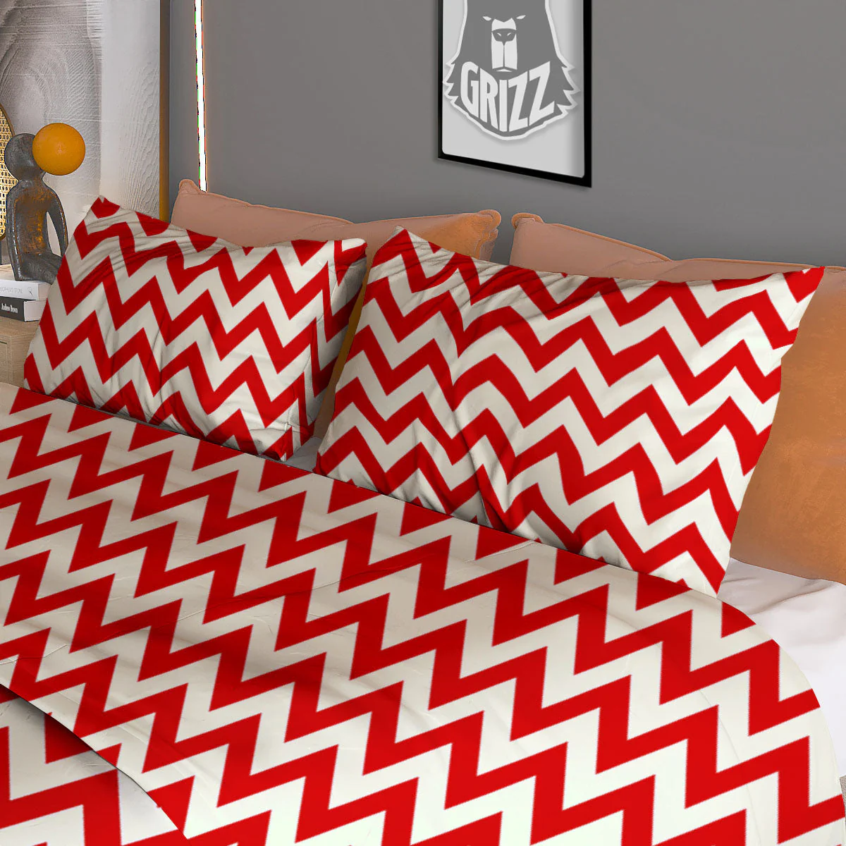 White Chevron And Beige Red Print Duvet Cover Bedding Set - Image 3