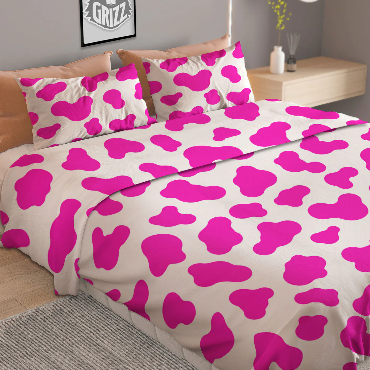 White Cow And Hot Pink Print Duvet Cover Bedding Set - Image 2