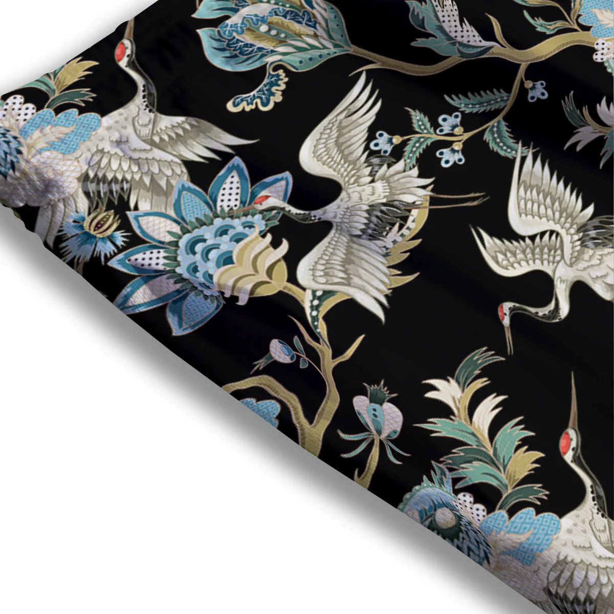 White Cranes Japanese Black Print Pattern Mesh Shorts - Image 3