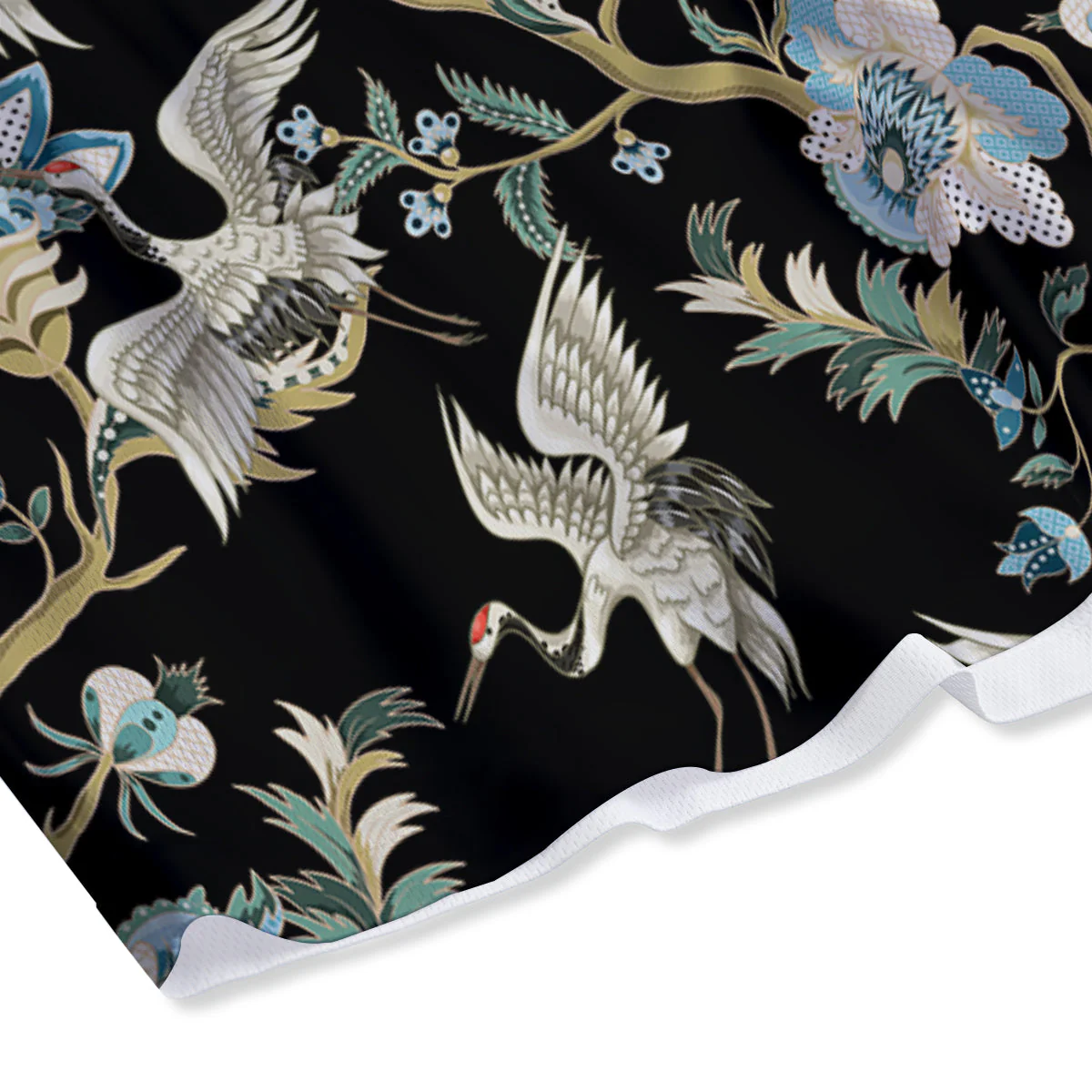 White Cranes Japanese Black Print Pattern Mesh Shorts - Image 4