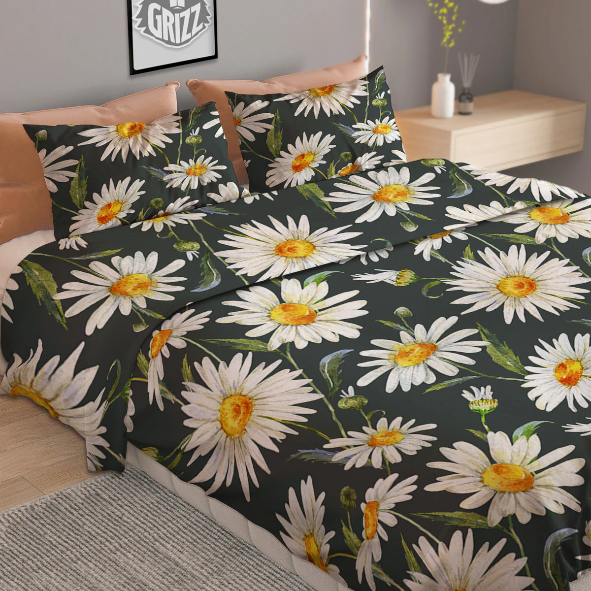 White Daisy Watercolor Print Pattern Duvet Cover Bedding Set - Image 2
