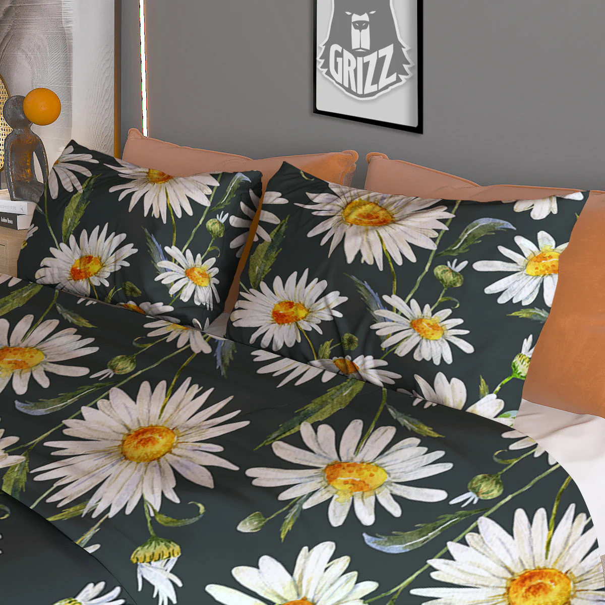 White Daisy Watercolor Print Pattern Duvet Cover Bedding Set - Image 3