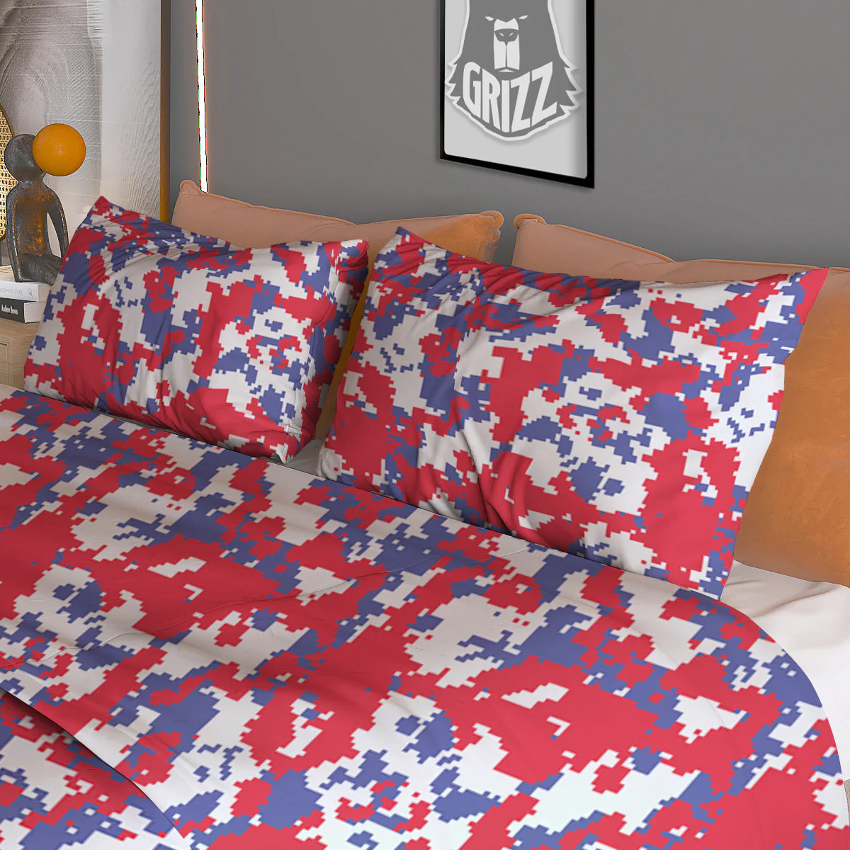 White Digital Camo And Blue Red Print Duvet Cover Bedding Set - Image 3