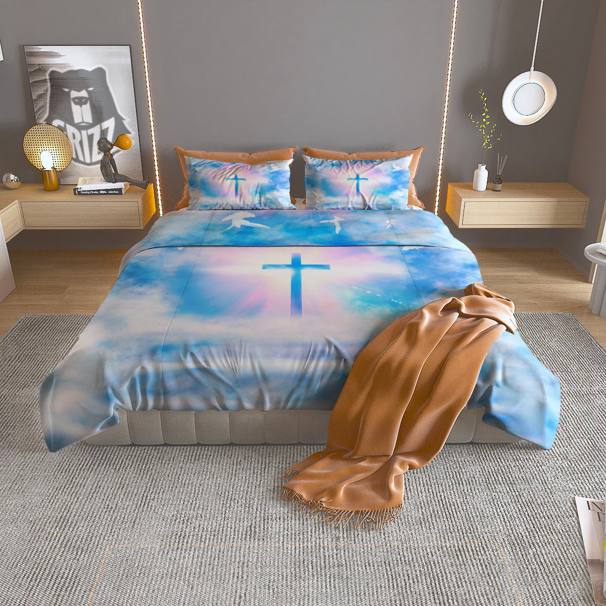 White Doves And Christian Cross Print Duvet Cover Bedding Set