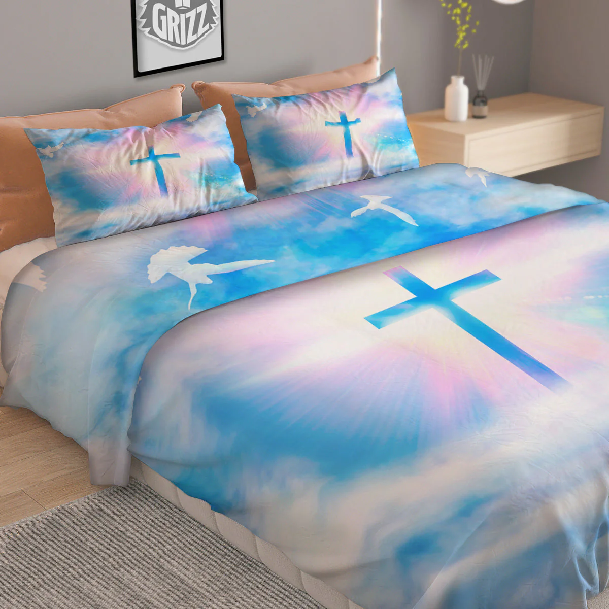 White Doves And Christian Cross Print Duvet Cover Bedding Set - Image 2