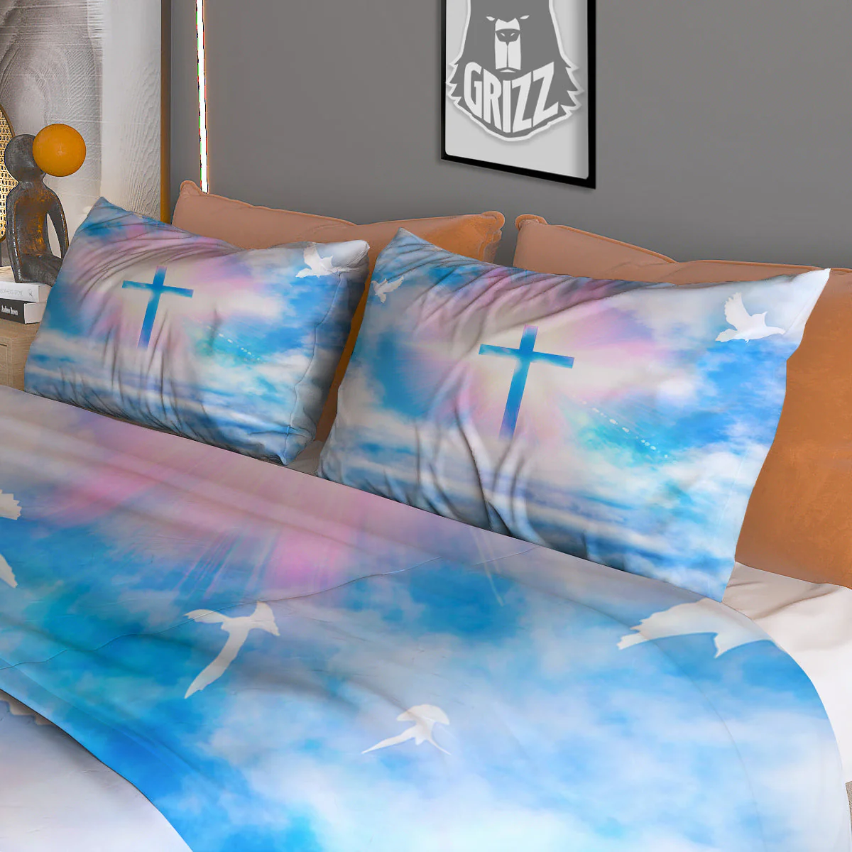 White Doves And Christian Cross Print Duvet Cover Bedding Set - Image 3