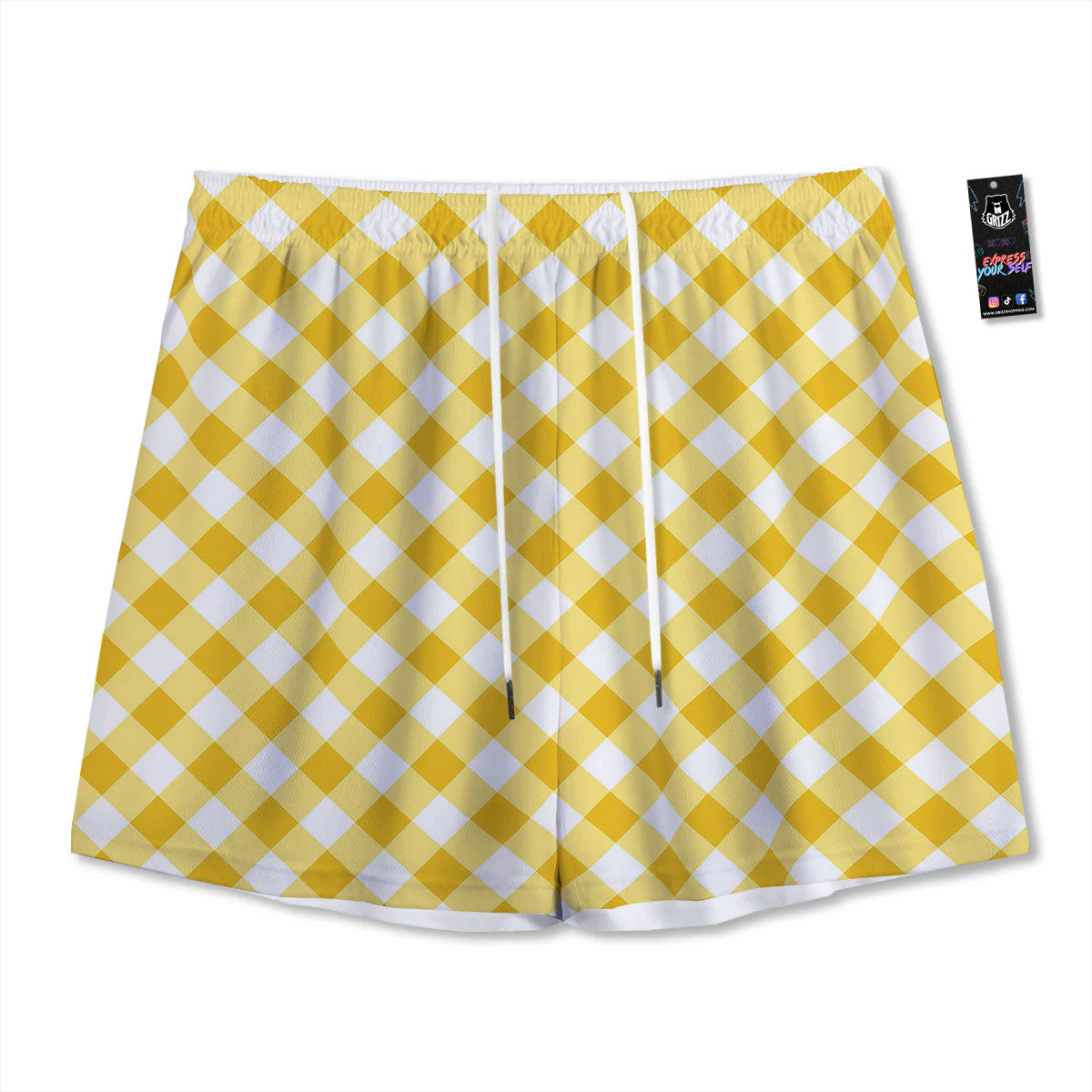 White Gingham And Yellow Honey Print Mesh Shorts