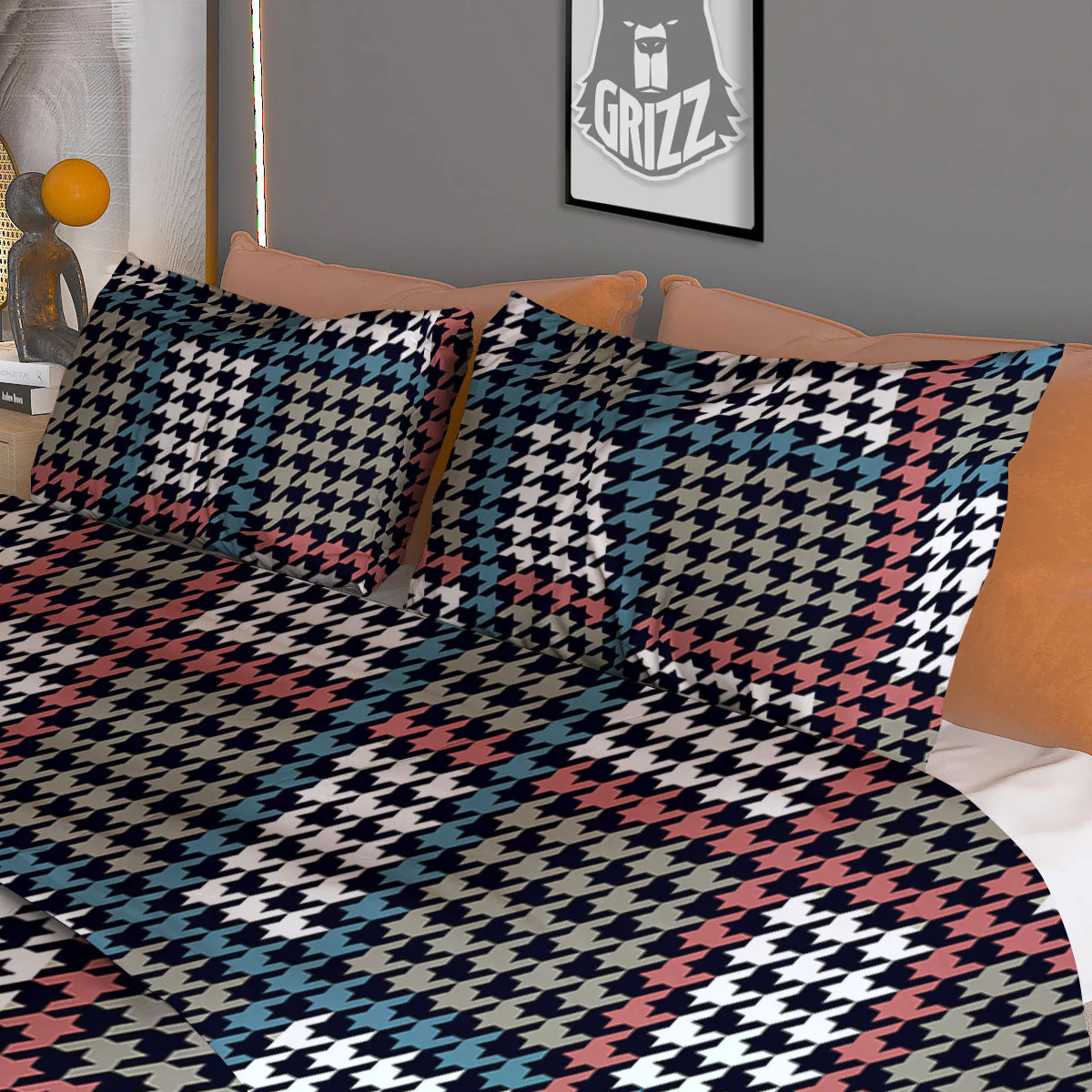 White Houndstooth And Blue Red Print Duvet Cover Bedding Set - Image 3