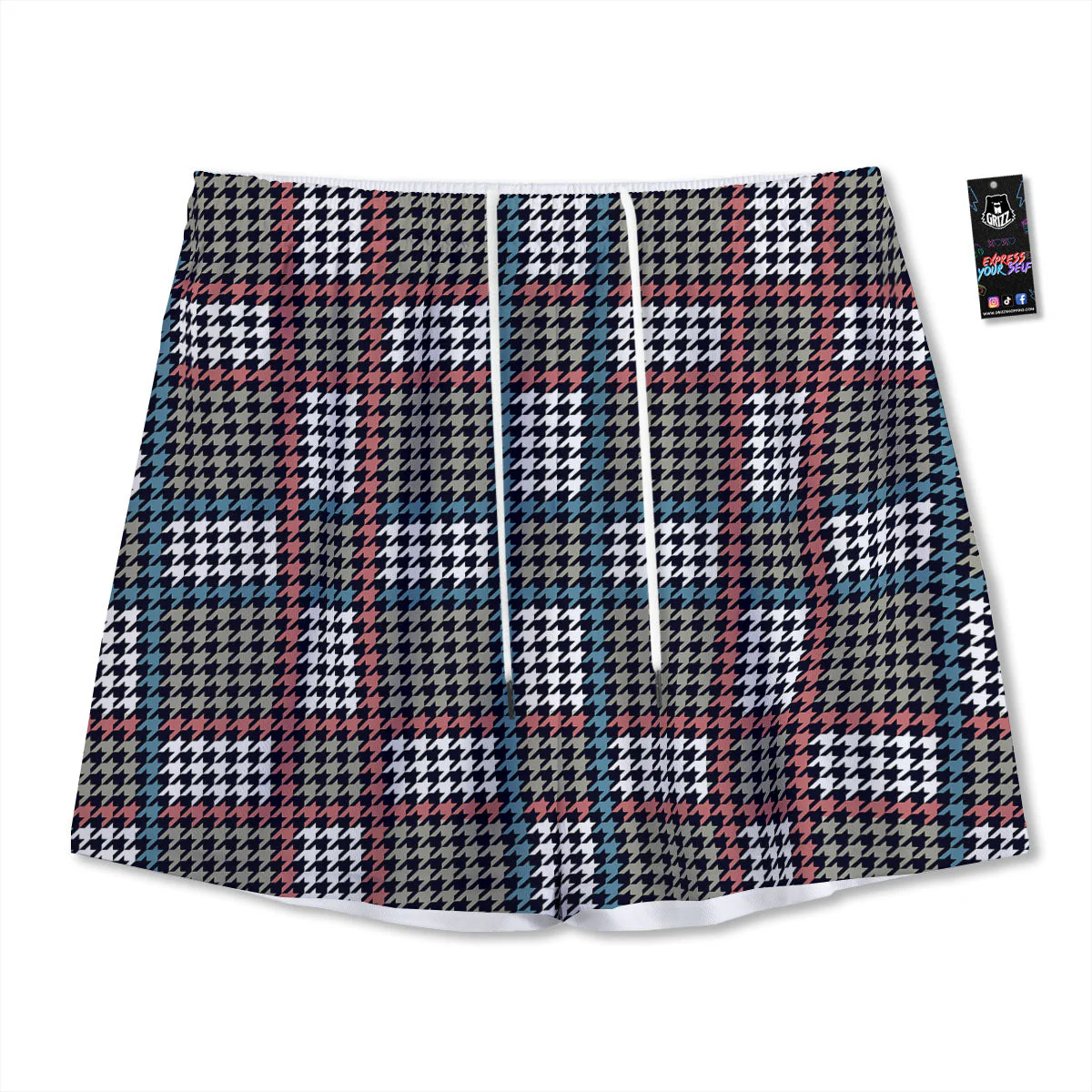White Houndstooth And Blue Red Print Mesh Shorts