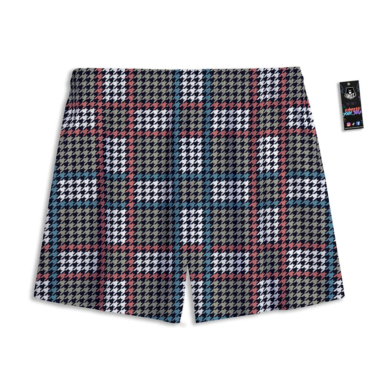 White Houndstooth And Blue Red Print Mesh Shorts - Image 2
