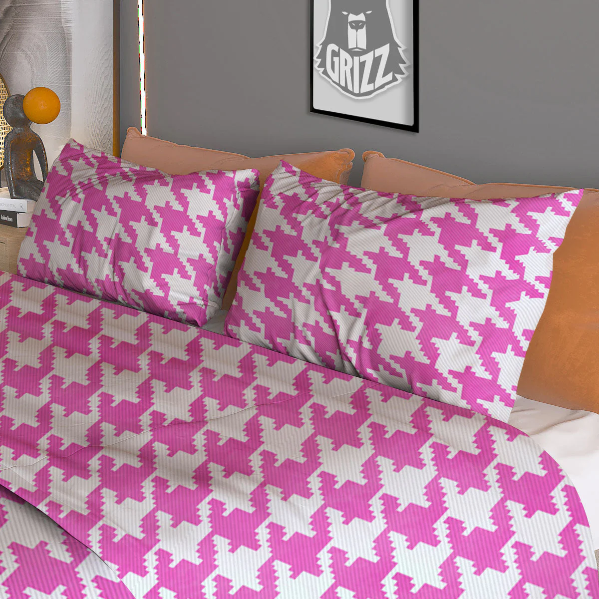 White Houndstooth And Pink Print Duvet Cover Bedding Set - Image 3