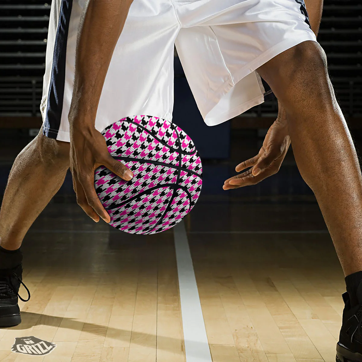 White Pink And Black Houndstooth Print Basketball - Image 3